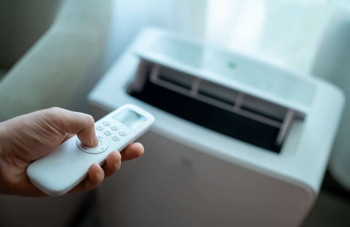 A hand holding a remote control for a portable air conditioner